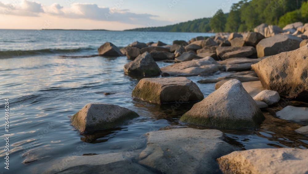 Rocky shoreline with calm water and distant land under a cloudy sky during sunset daytime peaceful landscape near the water Copy Space Rocky shoreline with calm water and distant land under a cloudy sky during sunset daytime peaceful landscape near the water Copy Space