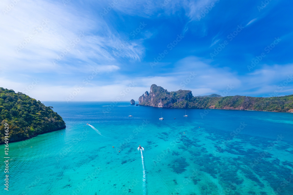 Aerial view Phi Phi island with turquoise clear water , Krabi Province. Amazing travel photo Thailand tropical paradise by drone Aerial view Phi Phi island with turquoise clear water , Krabi Province. Amazing travel photo Thailand tropical paradise by drone