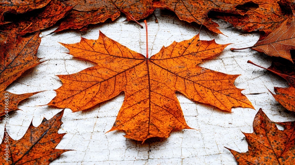 Obraz premium Autumn maple leaf center, dry leaves background, fall season, nature design