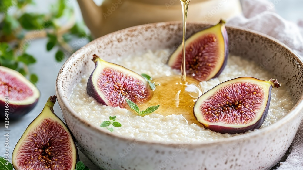 A tranquil morning with semolina porridge, honey dripping onto figs, fresh herbs, and a teapot in a light and airy environment A tranquil morning with semolina porridge, honey dripping onto figs, fresh herbs, and a teapot in a light and airy environment