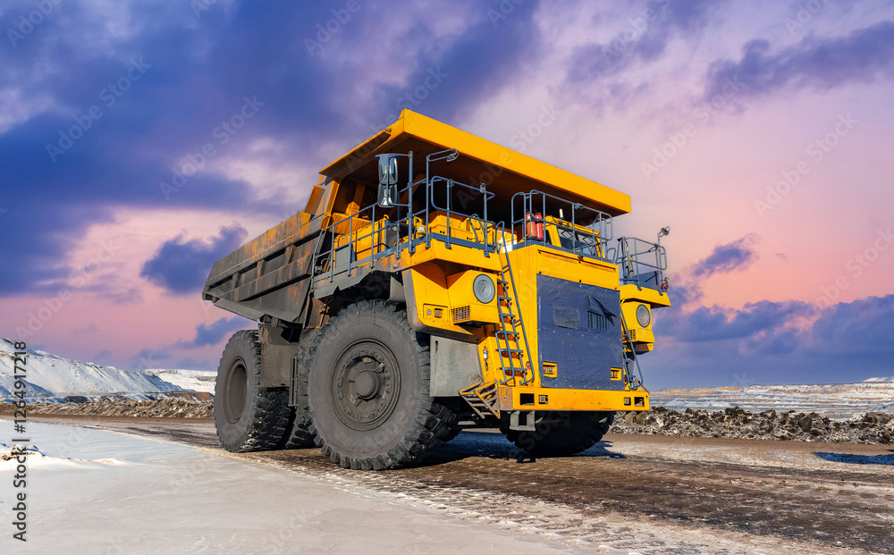 Open pit mine industry, big yellow mining truck for coal anthracite, sunset light Open pit mine industry, big yellow mining truck for coal anthracite, sunset light