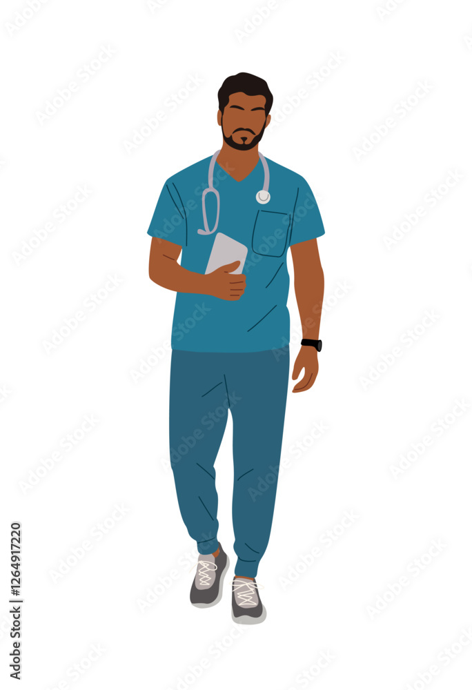 Young handsome man doctor, paramedic walking with digital tablet. Male medic worker in blue uniform scrub with stethoscope. Cartoon vector realistic illustration isolated on transparent background. Young handsome man doctor, paramedic walking with digital tablet. Male medic worker in blue uniform scrub with stethoscope. Cartoon vector realistic illustration isolated on transparent background.