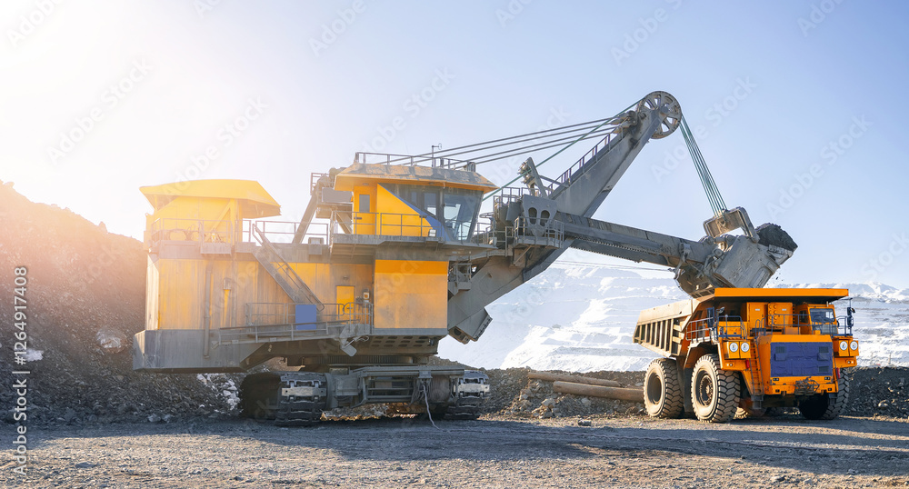 Industrial excavator and dump truck in open mine coal, mining operation banner Industrial excavator and dump truck in open mine coal, mining operation banner
