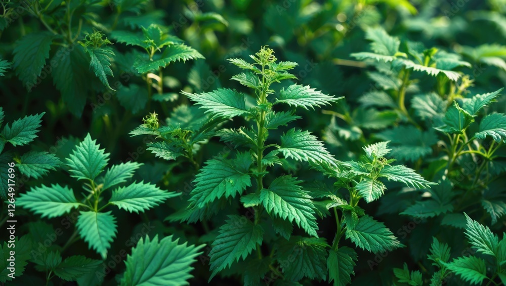 Close-up of fresh green nettle plants in natural sunlight with lush foliage and detail on leaves Copy Space Close-up of fresh green nettle plants in natural sunlight with lush foliage and detail on leaves Copy Space