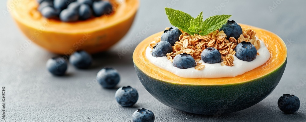 Vibrant and colorful papaya halves filled with creamy yogurt and crunchy granola creating a nourishing and appetizing breakfast or snack Vibrant and colorful papaya halves filled with creamy yogurt and crunchy granola creating a nourishing and appetizing breakfast or snack
