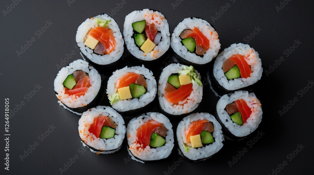 Delicious sushi rolls arranged neatly on a dark surface with various ingredients including salmon cucumber and cheese Copy Space Delicious sushi rolls arranged neatly on a dark surface with various ingredients including salmon cucumber and cheese Copy Space
