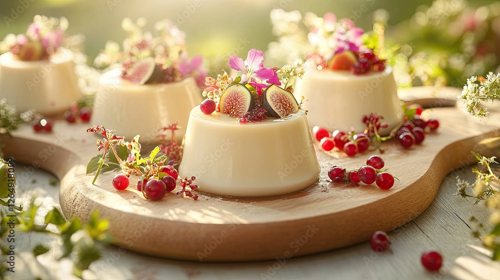 An artistic arrangement of panna cotta on a wooden board, garnished with figs, currants, and vibrant flowers in soft sunlight An artistic arrangement of panna cotta on a wooden board, garnished with figs, currants, and vibrant flowers in soft sunlight
