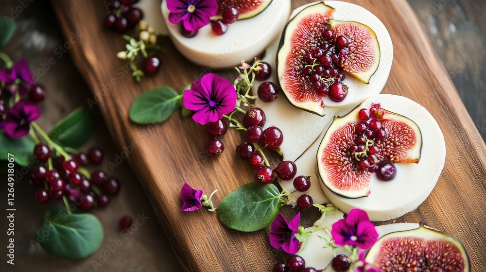 An artistic arrangement of panna cotta on a wooden board, garnished with figs, currants, and vibrant flowers in soft sunlight An artistic arrangement of panna cotta on a wooden board, garnished with figs, currants, and vibrant flowers in soft sunlight