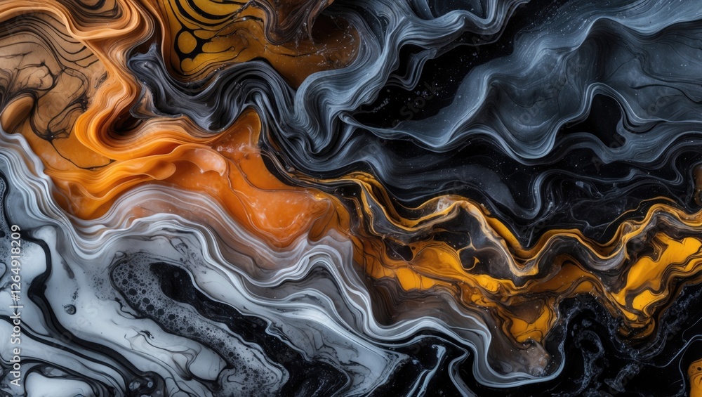 Abstract swirling marble texture in black, white, and orange tones with fluid patterns and rich color variations, Copy Space Abstract swirling marble texture in black, white, and orange tones with fluid patterns and rich color variations, Copy Space