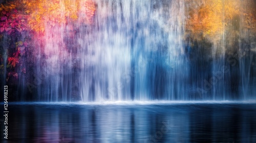 Autumn Waterfall Serenity Colorful leaves frame a cascading waterfall reflecting in a still pool, ideal for nature scenes