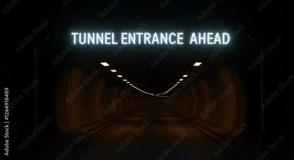 Driving Through Dark Tunnel with Glowing Sign Tunnel Entrance Ahead Driving Through Dark Tunnel with Glowing Sign Tunnel Entrance Ahead