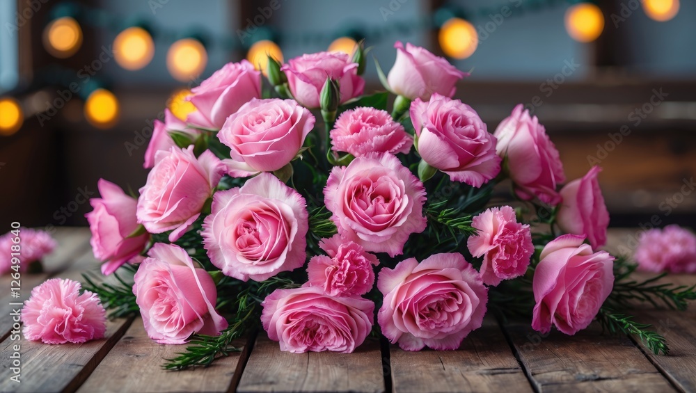 Pink roses and carnations bouquet on rustic wooden table with warm glowing lights in background and ample copy space Pink roses and carnations bouquet on rustic wooden table with warm glowing lights in background and ample copy space