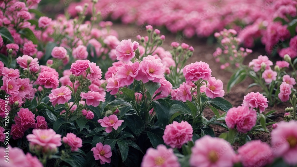 Pink flowers blooming in a garden field with vibrant petals and lush green leaves Copy Space Pink flowers blooming in a garden field with vibrant petals and lush green leaves Copy Space