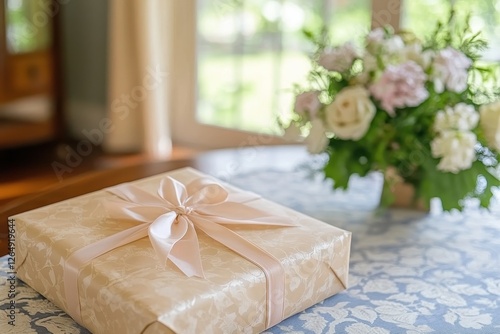 Elegant Wrapped Gift Box with Satin Ribbon and Floral Centerpiece photo