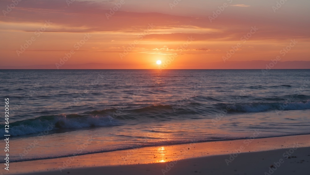 Tranquil sunset over ocean with gentle waves and sandy beach reflecting warm colors and vibrant sky, ideal for nature background, Copy Space Tranquil sunset over ocean with gentle waves and sandy beach reflecting warm colors and vibrant sky, ideal for nature background, Copy Space