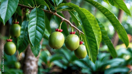 Green fruits hanging on a tree branch with large glossy leaves and a blurred tropical background Copy Space photo