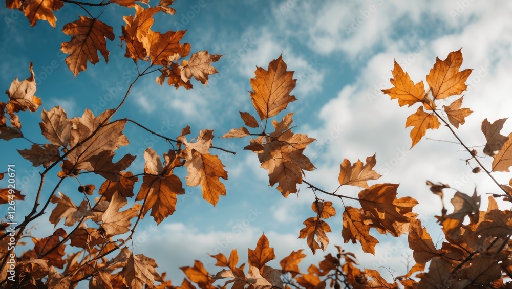 Autumn leaves with orange hues against a cloudy blue sky in a nature setting with Copy Space Autumn leaves with orange hues against a cloudy blue sky in a nature setting with Copy Space
