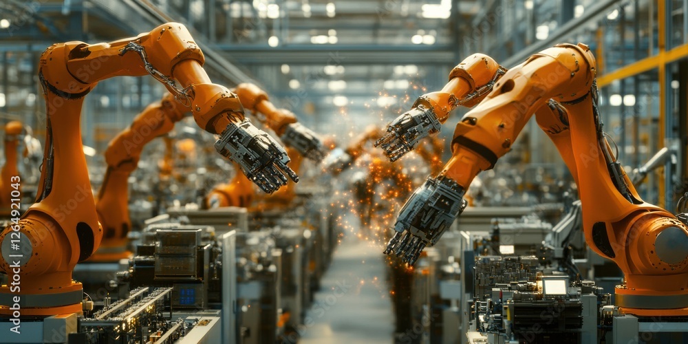 Total quality management reimagined as a symphony of synchronized robotic arms, advanced factory floor : Lean Production Theme Total quality management reimagined as a symphony of synchronized robotic arms, advanced factory floor : Lean Production Theme