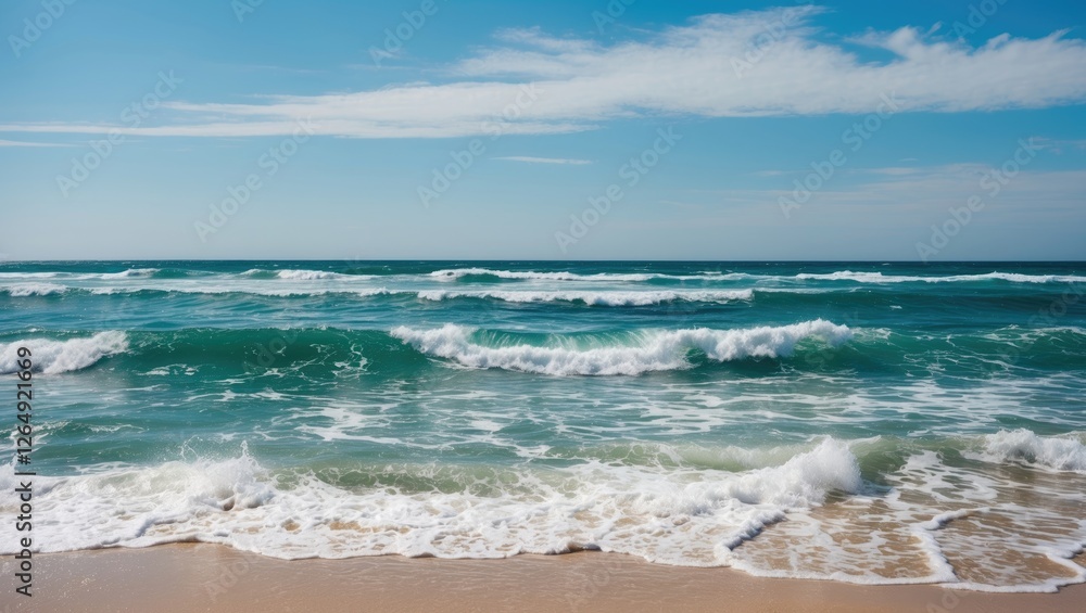 Waves crashing on sandy beach under clear blue sky with fluffy clouds copy space Waves crashing on sandy beach under clear blue sky with fluffy clouds copy space