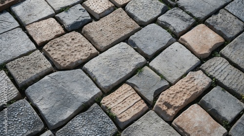 Textured cobblestone pavement with varied shapes and colors, featuring patches of grass in between stones, Copy Space.