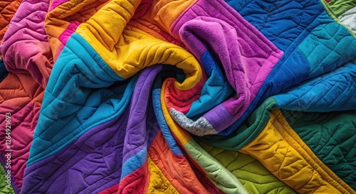 Colorful patchwork quilt fabric displayed in a spiral arrangement showcasing vibrant hues and textures, ideal for textile backgrounds. photo