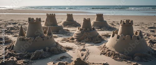 Sandcastles on the beach with ocean in background showcasing detailed structures and warm lighting ideal for summer themes Copy Space photo