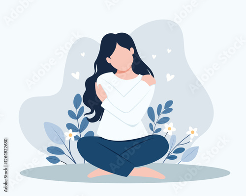 The girl hugs herself by the shoulders.Love yourself concept. Self care. Vector flat illustration.