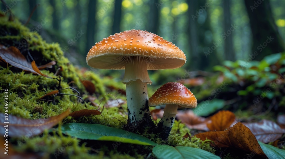 Mushrooms growing on forest floor surrounded by green moss and fallen leaves in natural woodland setting Copy Space Mushrooms growing on forest floor surrounded by green moss and fallen leaves in natural woodland setting Copy Space