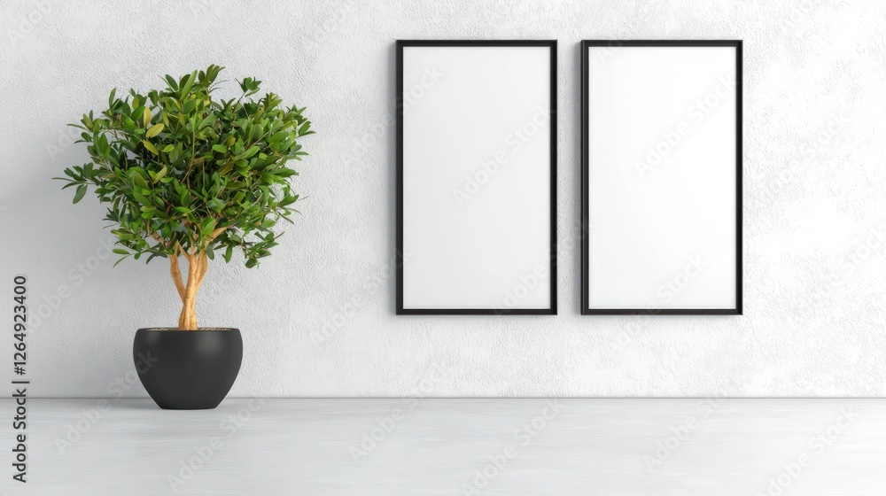Fototapeta premium Modern Minimalist Interior Two Blank Frames Potted Plant