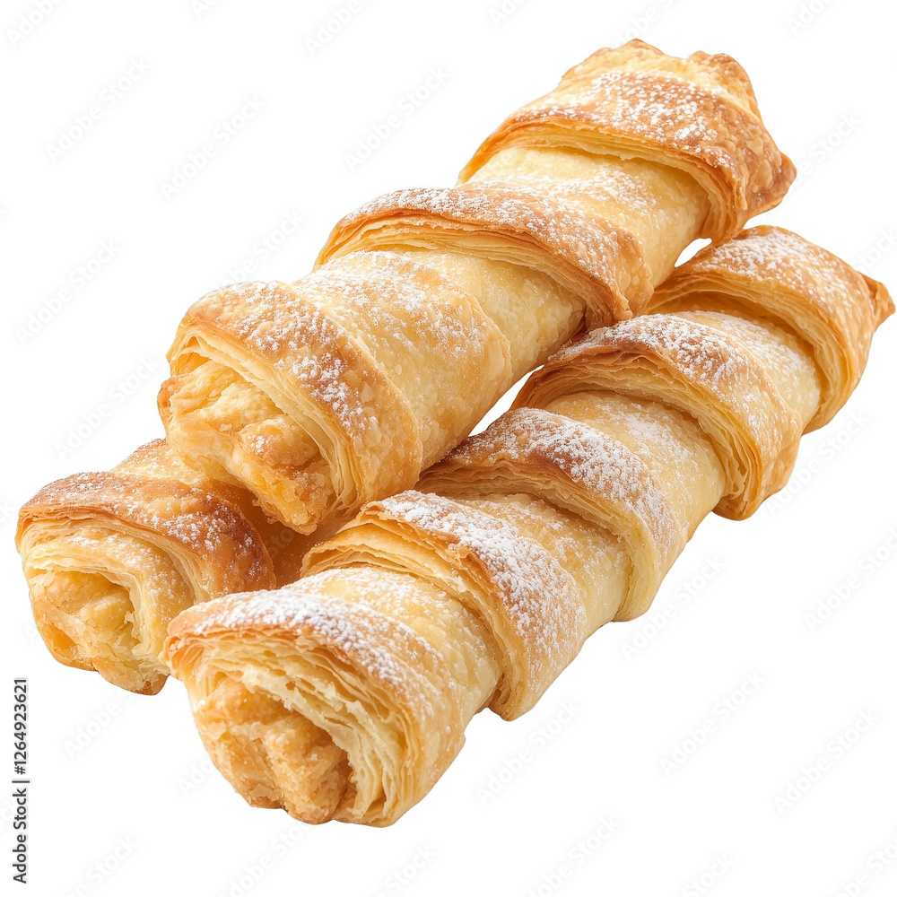 Delicious Golden Pastry Rolls with Powdered Sugar Garnish on White Surface Delicious Golden Pastry Rolls with Powdered Sugar Garnish on White Surface