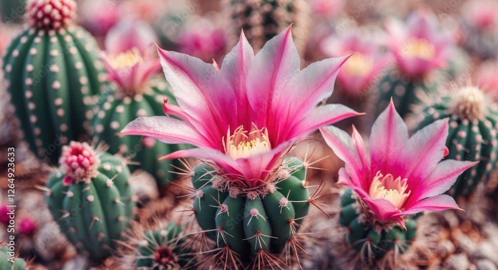 Vibrant blooming cactus flowers in natural setting with multiple cacti and pink petals and Copy Space Vibrant blooming cactus flowers in natural setting with multiple cacti and pink petals and Copy Space