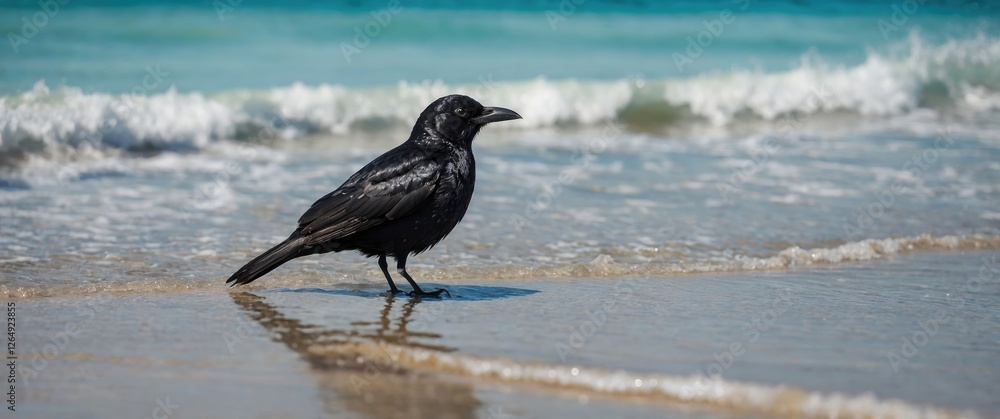 Black bird standing on sandy beach shoreline with gentle waves in background and clear blue water, Copy Space Black bird standing on sandy beach shoreline with gentle waves in background and clear blue water, Copy Space