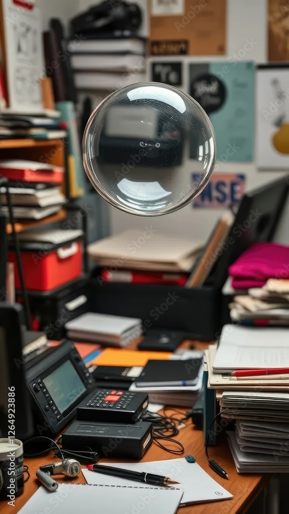 A solitary thought bubble rises from a cluttered desk, calmness, workspace A solitary thought bubble rises from a cluttered desk, calmness, workspace