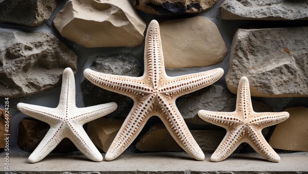 Three decorative starfish arranged in front of a stone wall showcasing natural textures and colors. Copy Space Three decorative starfish arranged in front of a stone wall showcasing natural textures and colors. Copy Space