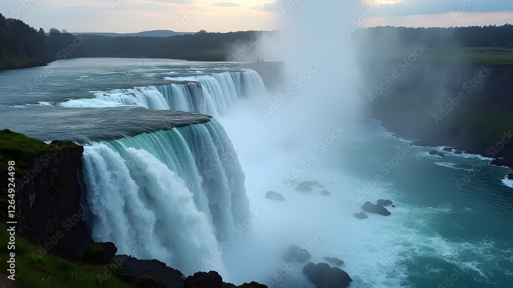 A thrilling artistic representation of river water falling over a waterfall with breathtaking scenery and powerful sound A thrilling artistic representation of river water falling over a waterfall with breathtaking scenery and powerful sound