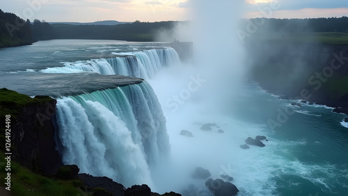 A thrilling artistic representation of river water falling over a waterfall with breathtaking scenery and powerful sound