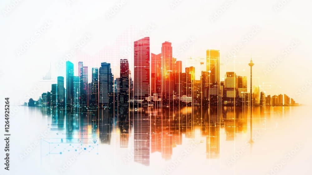 Fototapeta premium Vibrant Modern Cityscape with Reflective Water and Abstract Digital Elements