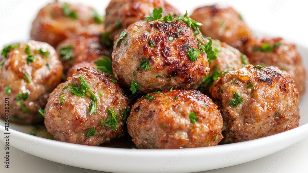 Delicious browned meatballs, parsley garnish, close-up shot, food blog use Delicious browned meatballs, parsley garnish, close-up shot, food blog use