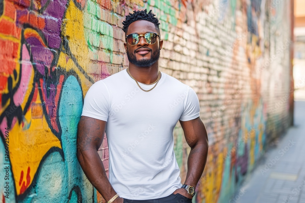 Fototapeta premium African American man wearing a blank white t-shirt showcases modern street style against vibrant graffiti wall