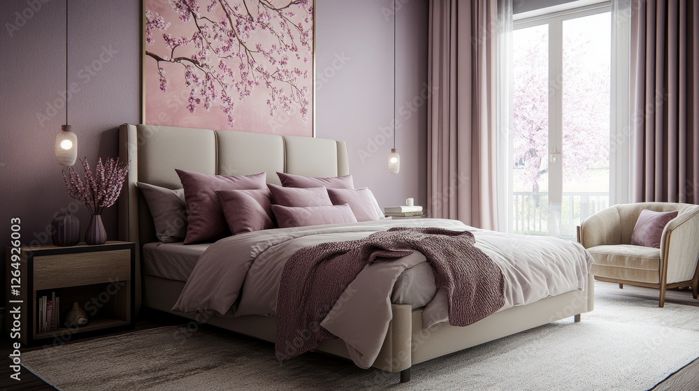 Warm and inviting bedroom with cherry blossom prints in pastels, soft lavender furniture, and cozy vibes Warm and inviting bedroom with cherry blossom prints in pastels, soft lavender furniture, and cozy vibes
