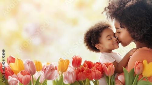 African American mother and child share a joyful moment with kisses among vibrant spring flowers in soft natural light. Mothers day concept.