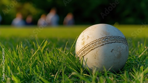Close-Up of a Cricket Ball Resting on Lush Green Grass in a Natural Outdoor Setting