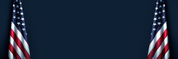 Two American flags on dark blue panoramic background with copy space, 2026 midterm elections, US national holiday, July 4, Veterans or memorial day web banner