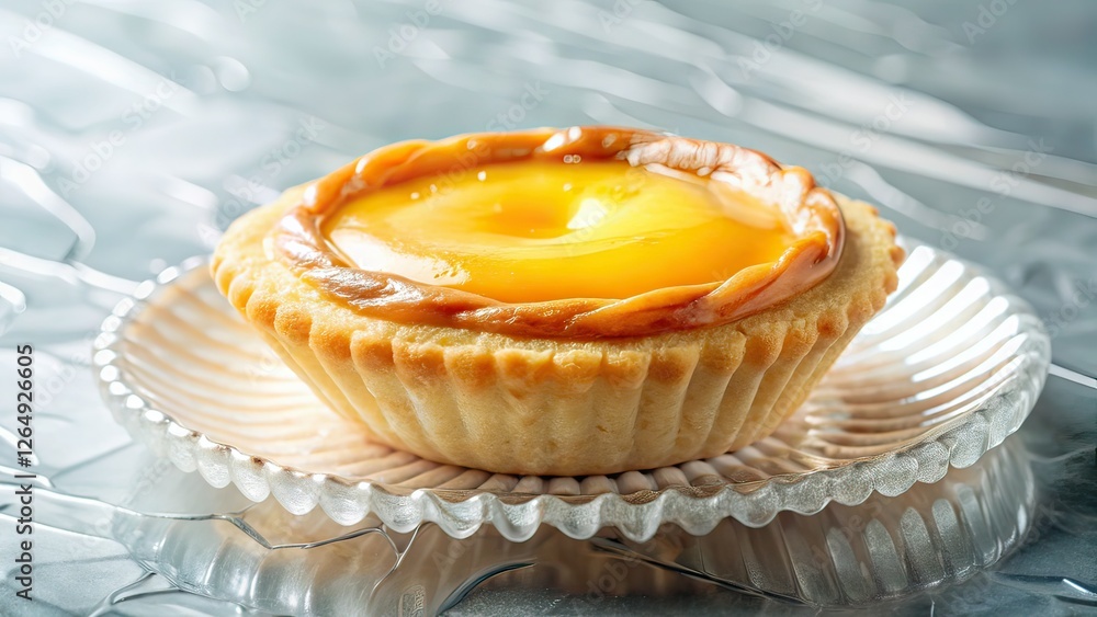 Egg Tart on Glass, Minimalist Dessert, Conceptual Food Photography Egg Tart on Glass, Minimalist Dessert, Conceptual Food Photography