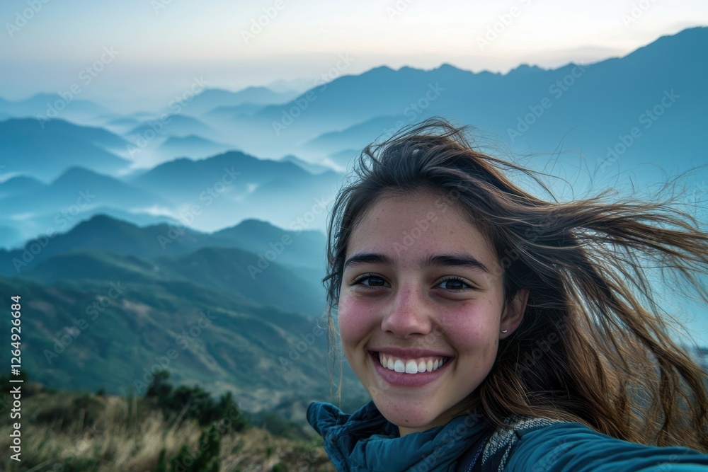 A joyful young woman with freckles smiles against a mountain backdrop with a beautiful blue sky, showcasing natural beauty and freedom. A joyful young woman with freckles smiles against a mountain backdrop with a beautiful blue sky, showcasing natural beauty and freedom.