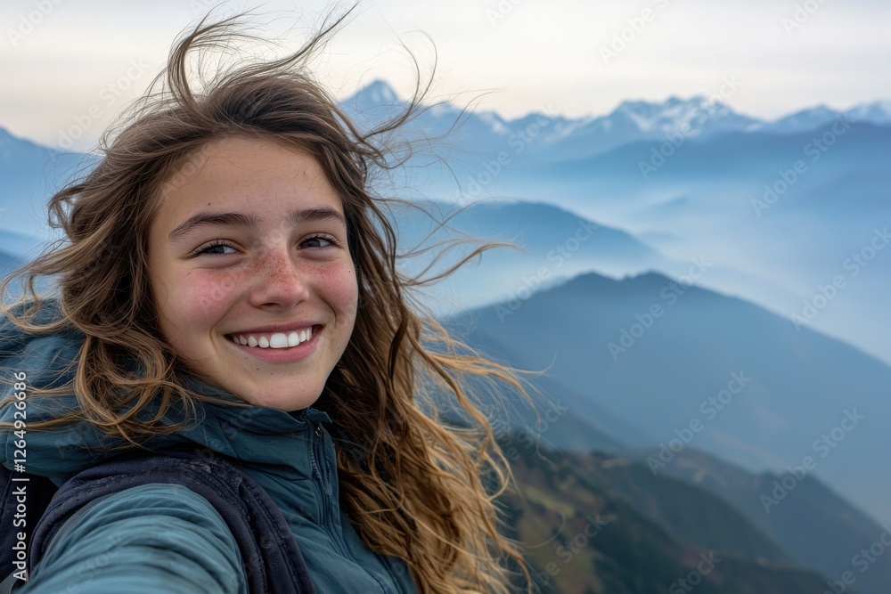 A cheerful young woman with freckles and a backpack smiles against a hazy mountain landscape on a windy day, exuding joy and adventure. A cheerful young woman with freckles and a backpack smiles against a hazy mountain landscape on a windy day, exuding joy and adventure.