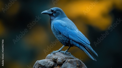 Blue crow perched, forest sunset, nature poster photo