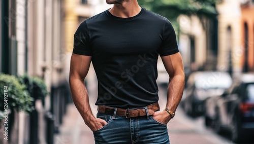 Stylish Man in Black T-Shirt and Jeans on City Street