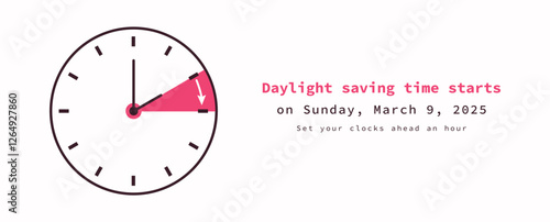 Daylight Saving Time starts. Spring Forward March 9, 2025. Web Banner Reminder. Vector illustration with clocks turning to an hour ahead. Minimalist flat style summertime.