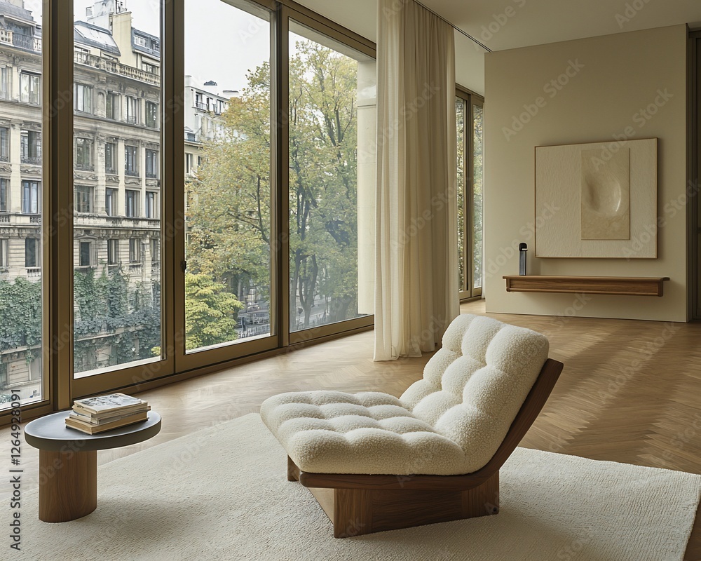Fototapeta premium Modern chair in apartment, city view, calm interior, relaxation